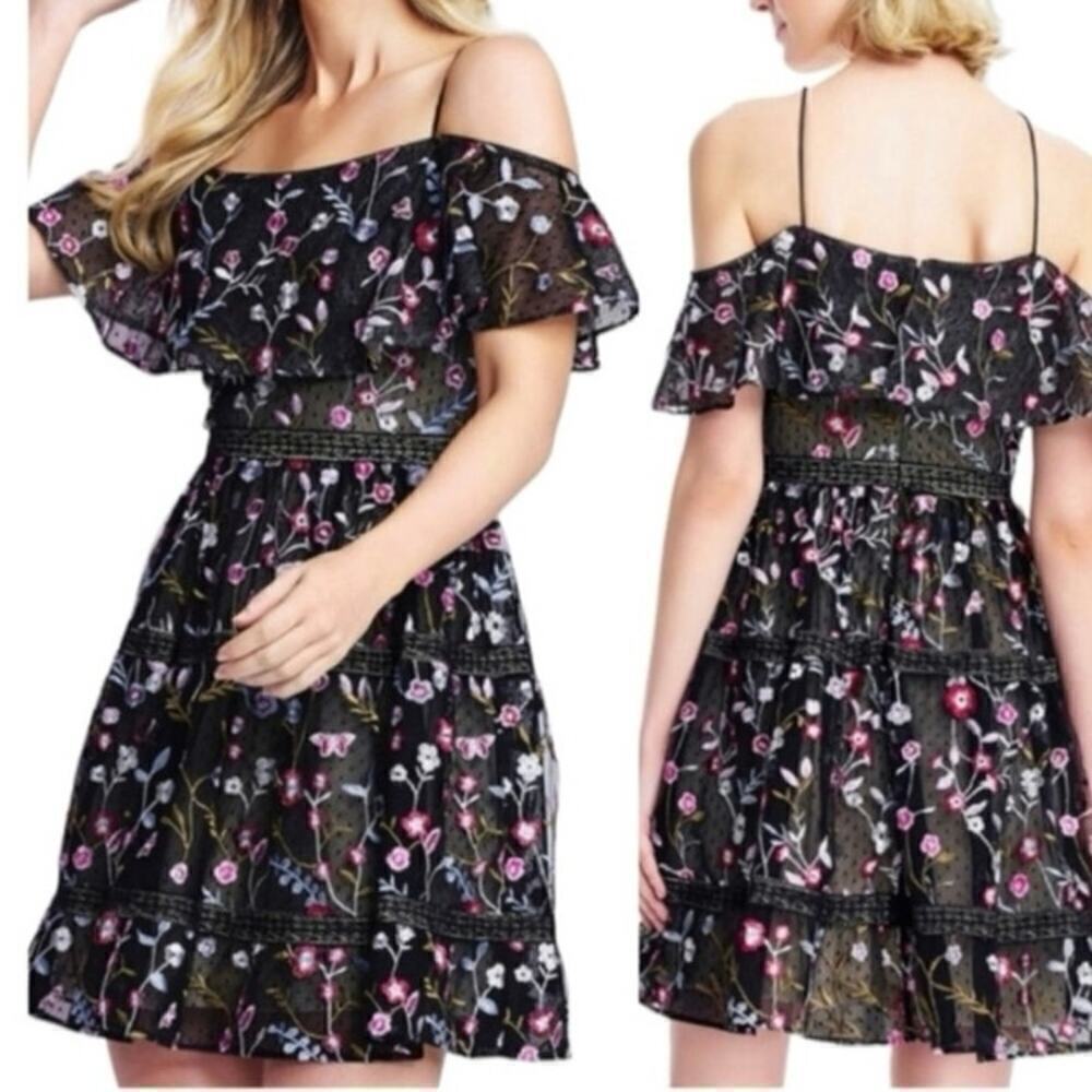 Adriana Papell Black Boho Embroidered Tiered Dress Off the Shoulder Size 4